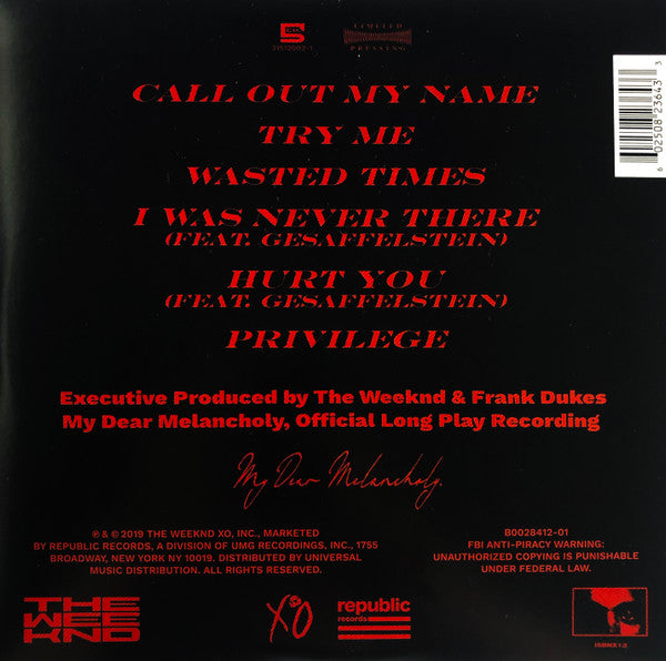 Weeknd, The : My Dear Melancholy, (12",33 ⅓ RPM,Single Sided,EP,Record Store Day,Etched,Limited Edition,Reissue)