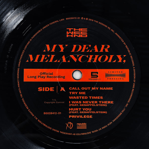 Weeknd, The : My Dear Melancholy, (12",33 ⅓ RPM,Single Sided,EP,Record Store Day,Etched,Limited Edition,Reissue)