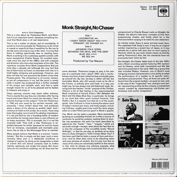 Thelonious Monk : Straight, No Chaser (LP,Album,Reissue,Remastered,Stereo)